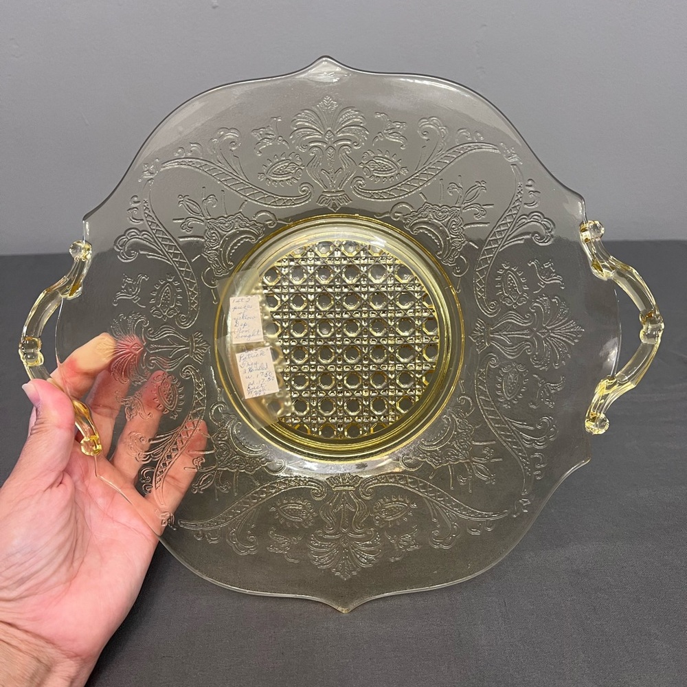 1930’s Lancaster Yellow Depression Glass Etched Tray Cane Landrum W/ Handles